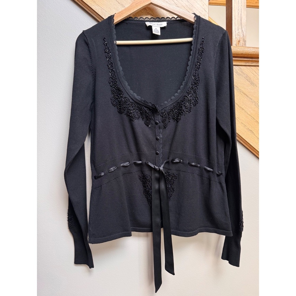 White House Black Market Womens XL Cardigan Silk Blend Beaded Tie Front Glam Art